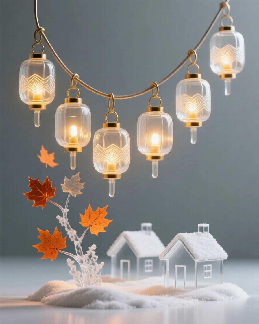 A string of lanterns lighting a path through a snowy village as autumn leaves drift slowly to the ground