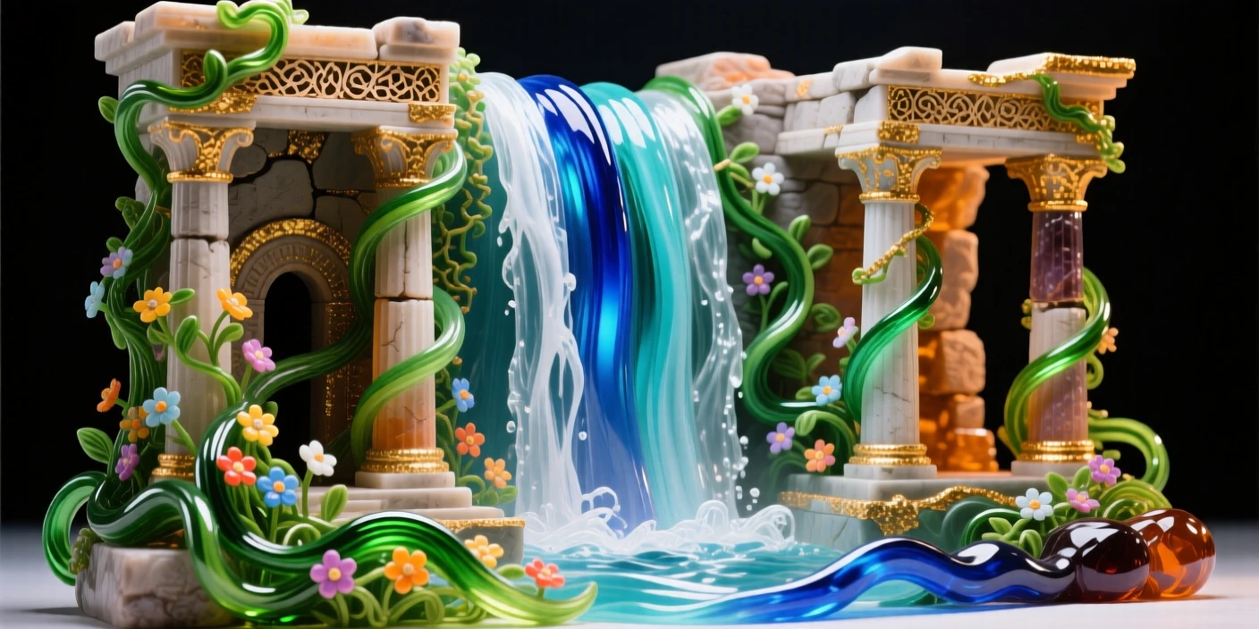 A grand waterfall cascading past ancient temple ruins covered in vines, mystical and awe-inspiring.