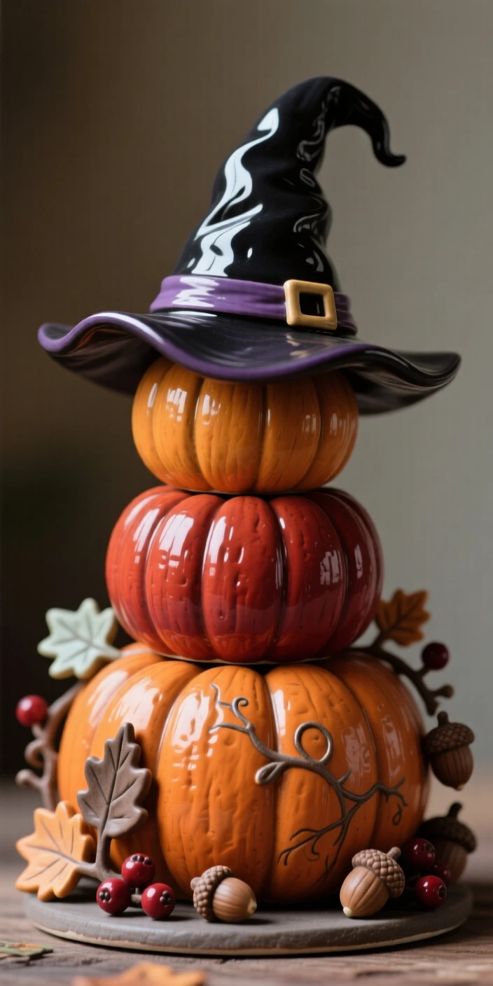 A witch's hat perched atop a stack of pumpkins set within a cozy festive scene, decorated with small festive charms, evoking festive joy and warm togetherness.