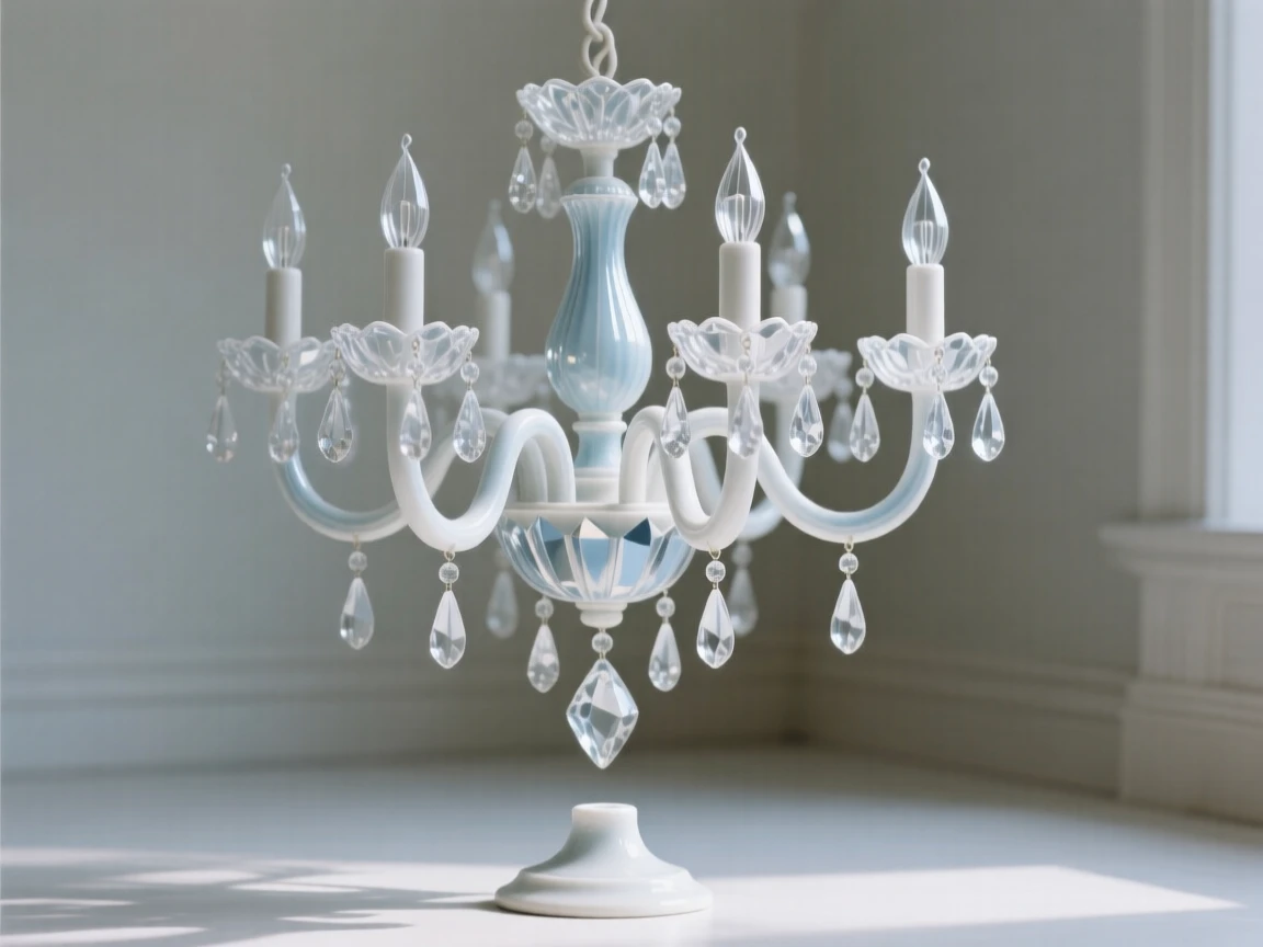 An elegant crystal chandelier catching the light, displayed as the centerpiece of a quiet room.