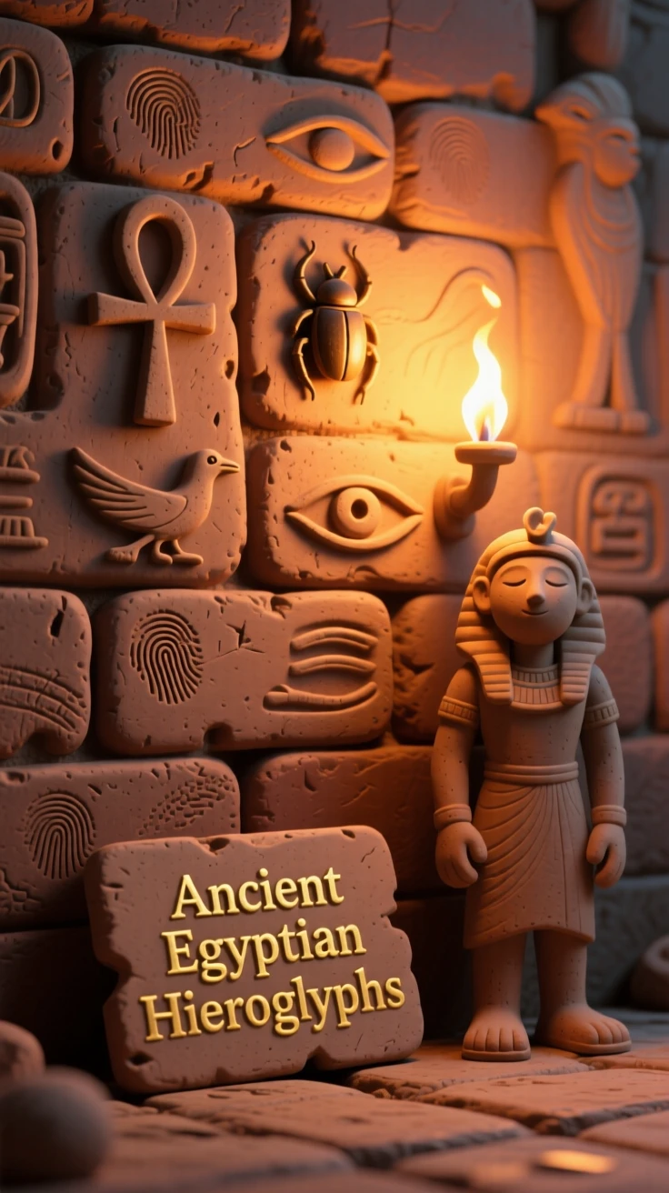 A traditional Egyptian hieroglyph wall glowing under torchlight