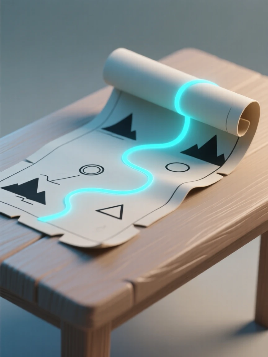 A glowing magical map unfolds itself across a wooden table, ink lines shifting to reveal a hidden path.