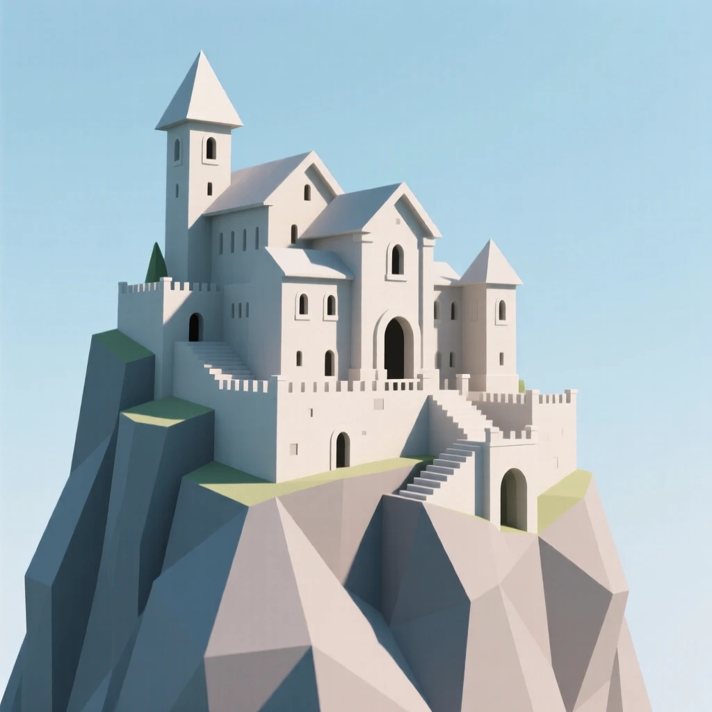 A grand mountain monastery perched on a cliffside, beneath a clear blue midday sky. fine architectural details are rendered with clarity. The atmosphere is peaceful and inviting.