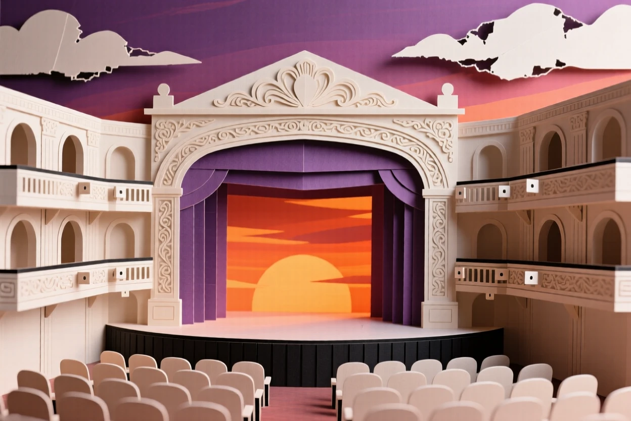 An ornate opera house auditorium set against a vivid sunset sky, with fine architectural symmetry drawing the eye, conveying architectural ambition and scale.