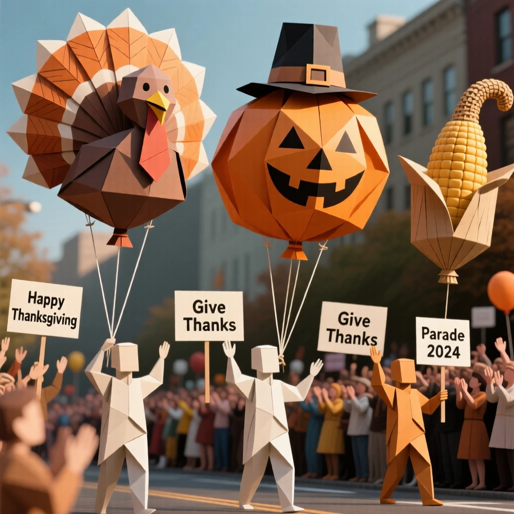 A Thanksgiving parade scene with giant balloons floating above a cheering crowd.