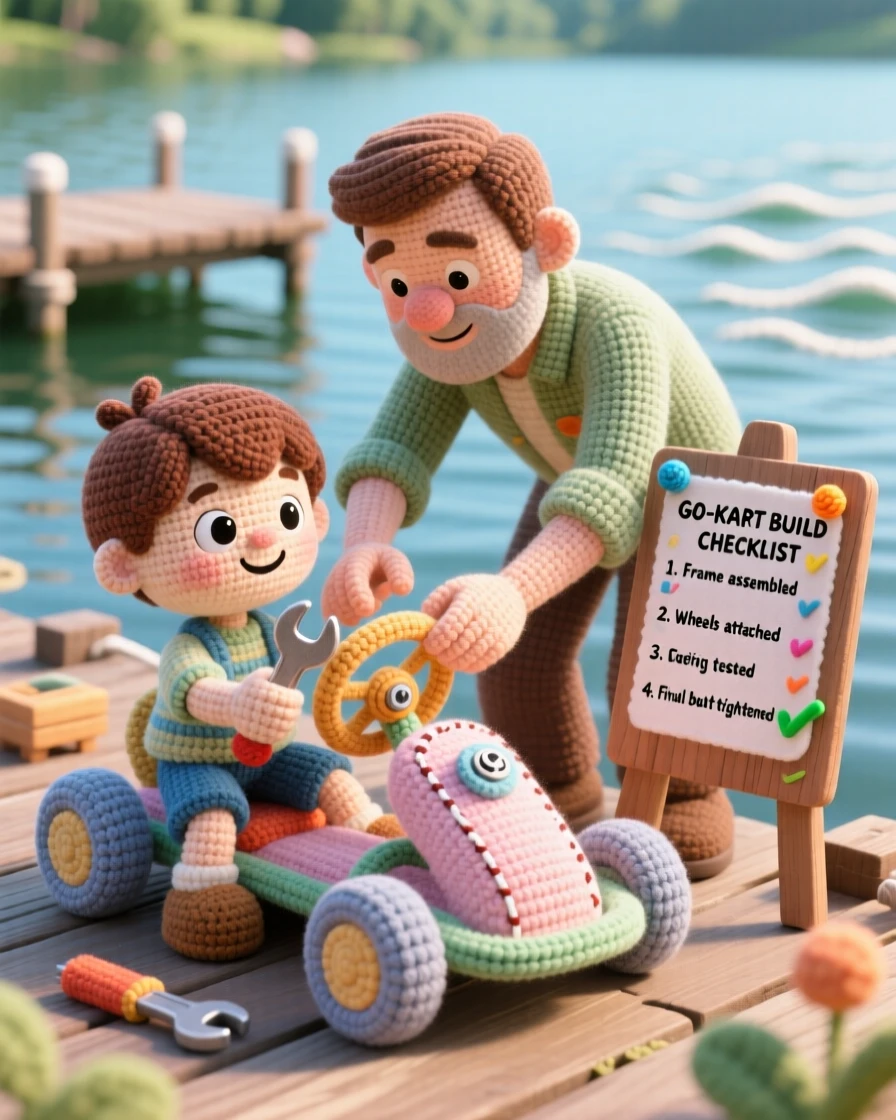 a small boy building a go-kart, with his father's help, tightening the final bolt with pride, in a peaceful lakeside dock, with a cheerful checklist pinned to a board, radiating cheerful curiosity and hands-on delight.