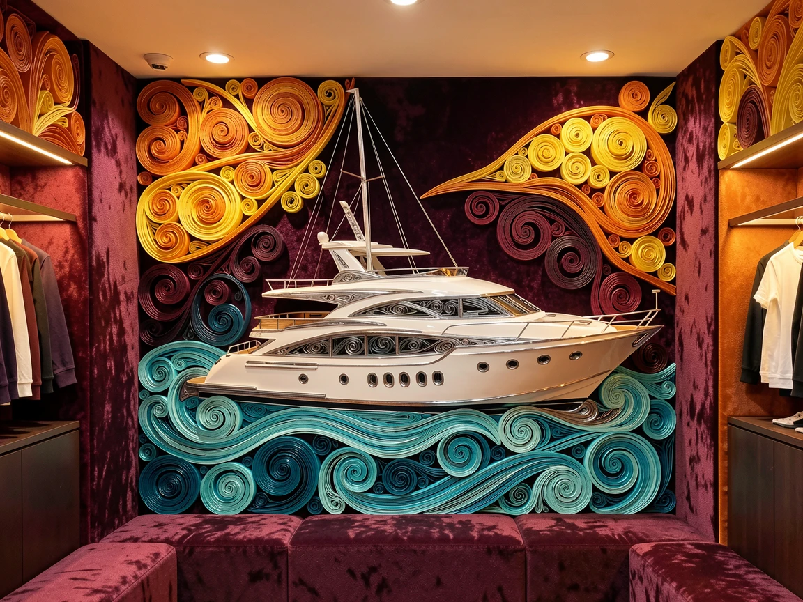 a luxury yacht anchored in a turquoise bay, in a plush velvet-lined boutique, composed with glossy reflective surfaces throughout, with warm amber lighting throughout.