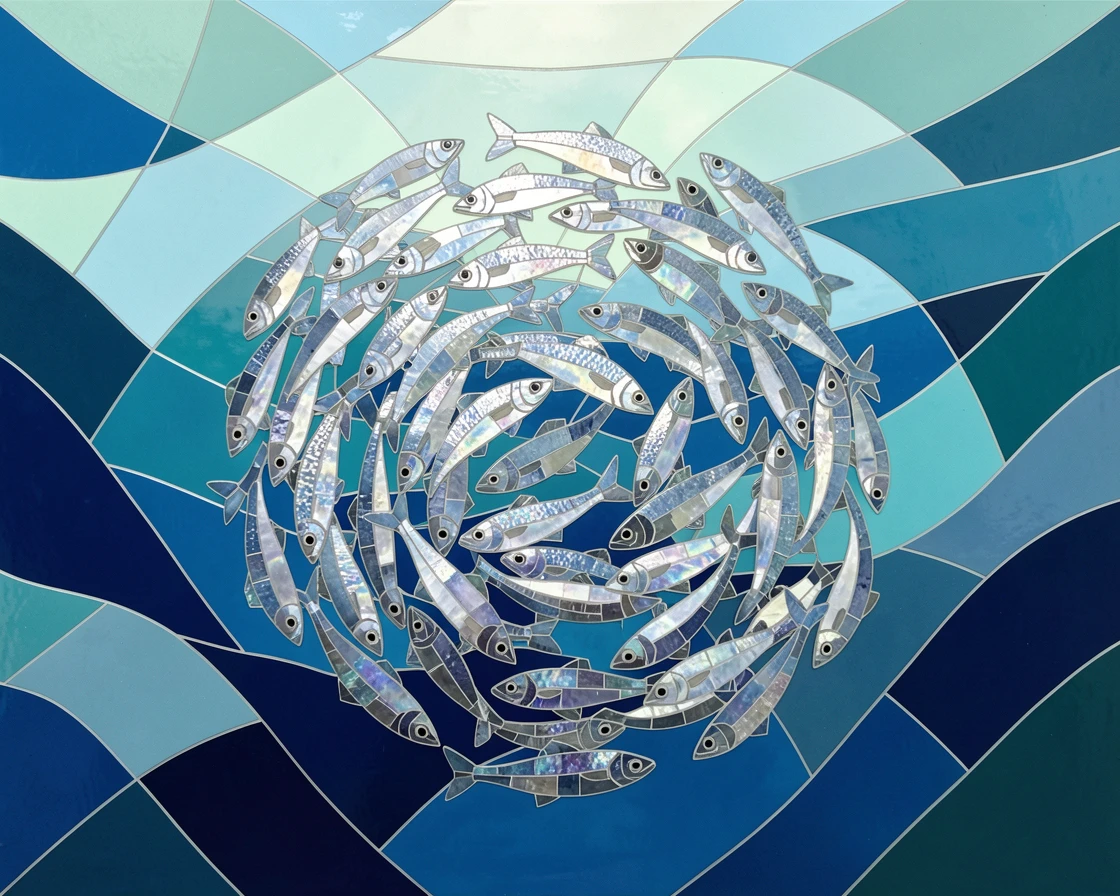 A vivid underwater scene of a school of shimmering silver fish swirling in a tight bait ball, rich in color and serene movement.