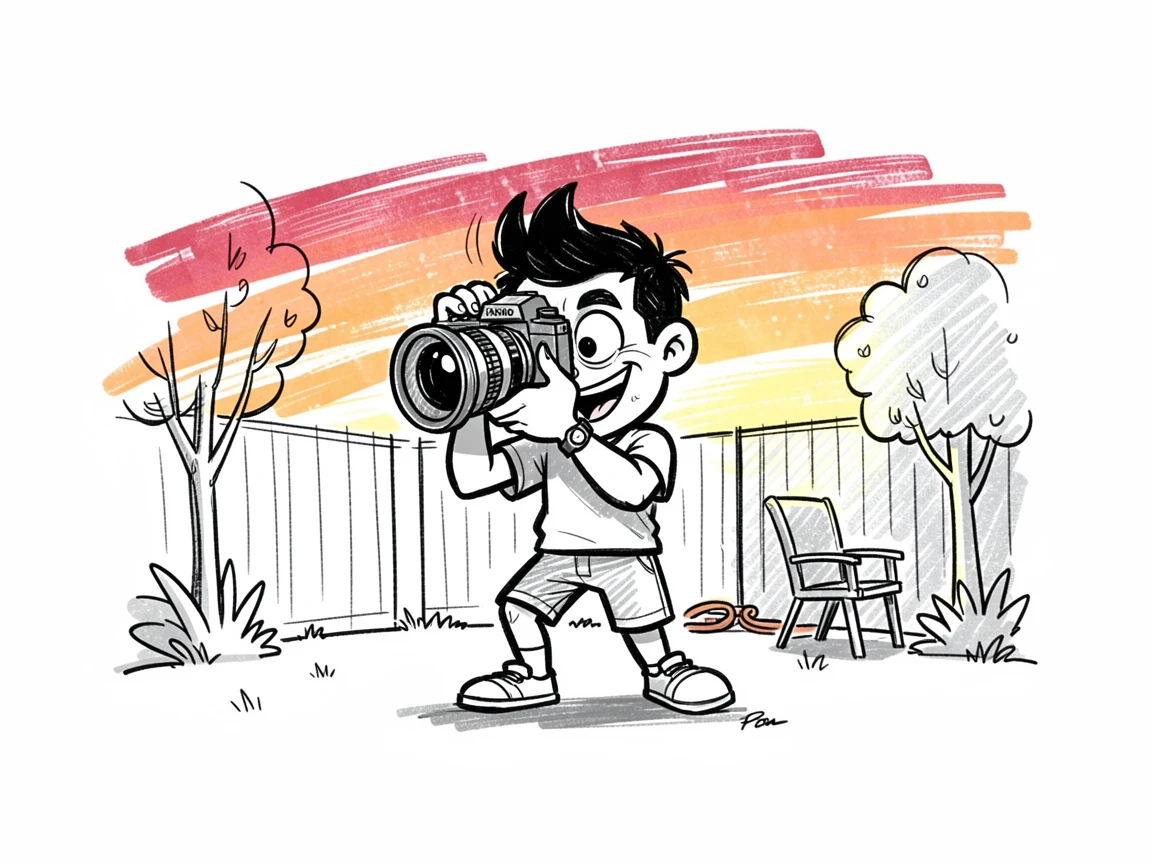 A photographer capturing a sunset view in a backyard on a summer evening.