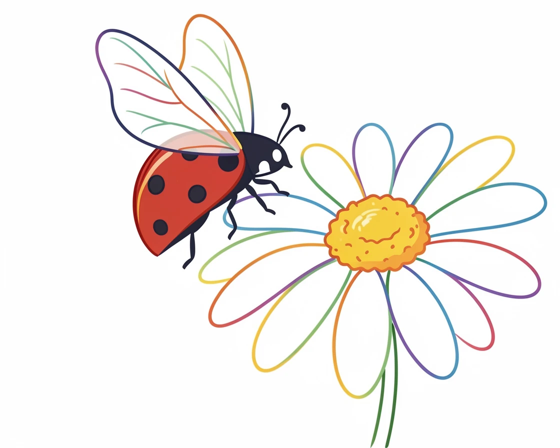 A close-up of a ladybird taking flight from a blooming daisy.