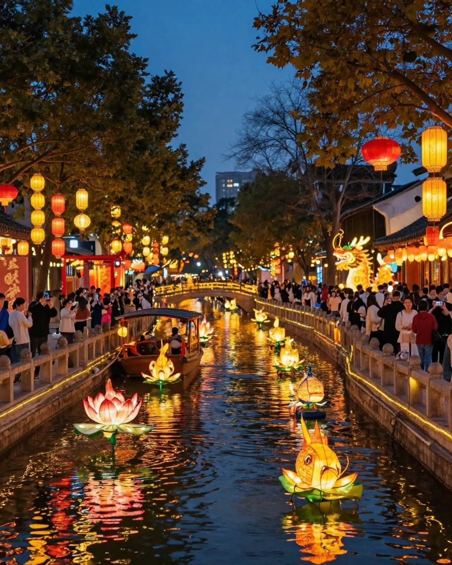 A traditional Chinese lantern festival lighting up a river