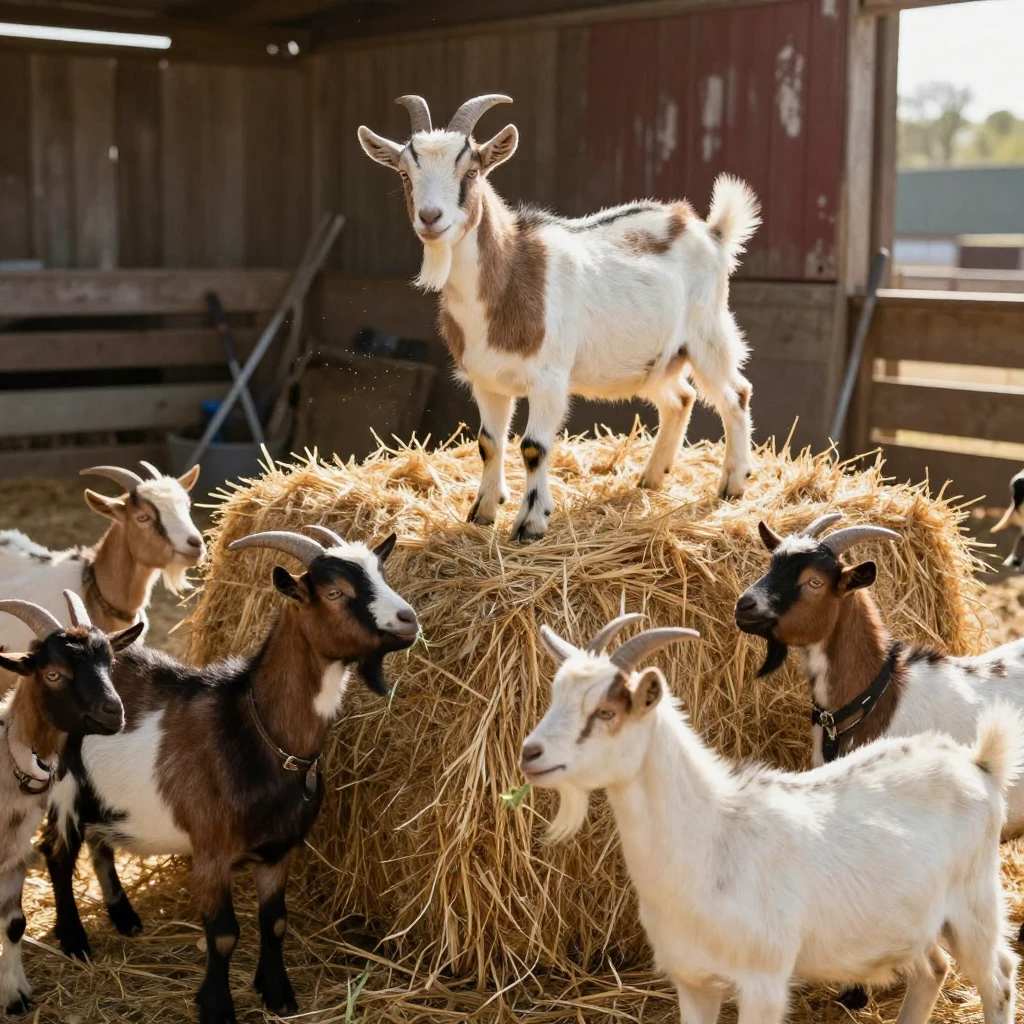 A goat climbs onto a stack of hay bales just to look taller than the others.