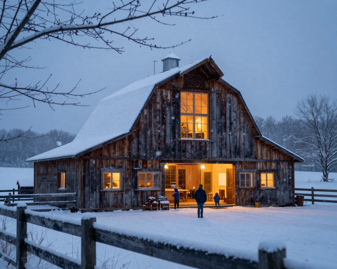 A rustic barn converted into a warm family home during a quiet snowfall outside