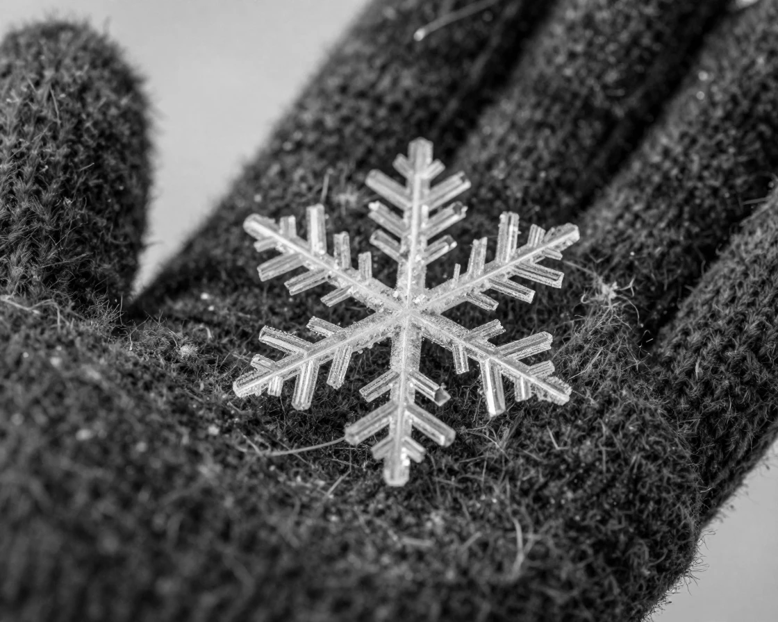 A single snowflake reveals an intricate crystalline pattern on a dark woolen mitten.