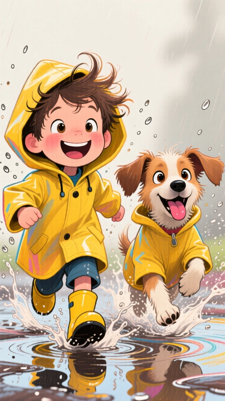 A little boy and his puppy both wearing matching raincoats splashing in puddles.