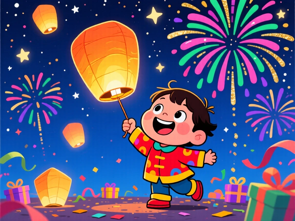 A festive celebration scene of a small child releasing paper lanterns into a starry night sky, under a sky full of fireworks.