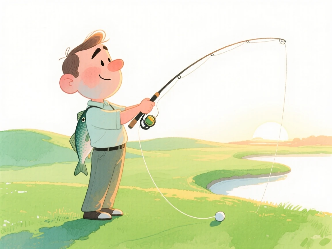 A fisherman at dawn lining up a perfect swing on a green fairway
