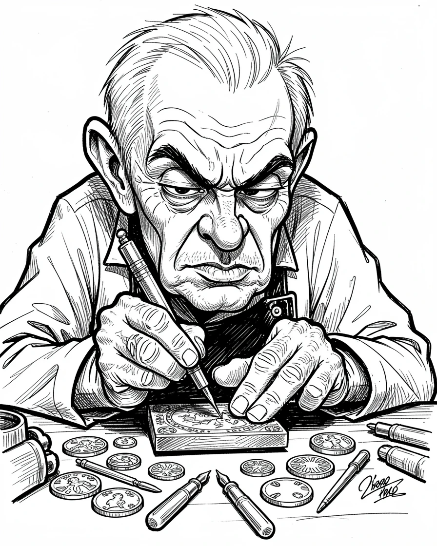 [Occupations & Hobbies] Detailed scene of a seasoned engraver perfecting a fine detail, showcasing skill and dedication
