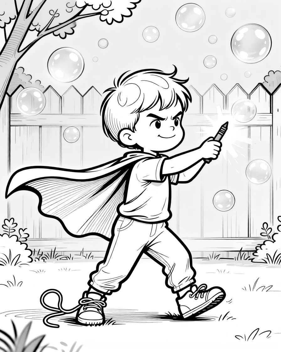 A toddler stubbornly refusing to share one crayon, striking a heroic pose with the cape billowing, set in a backyard glowing with soap bubbles. A shoelace trails untied and forgotten. There's an innocent, giggly charm to the whole moment.
