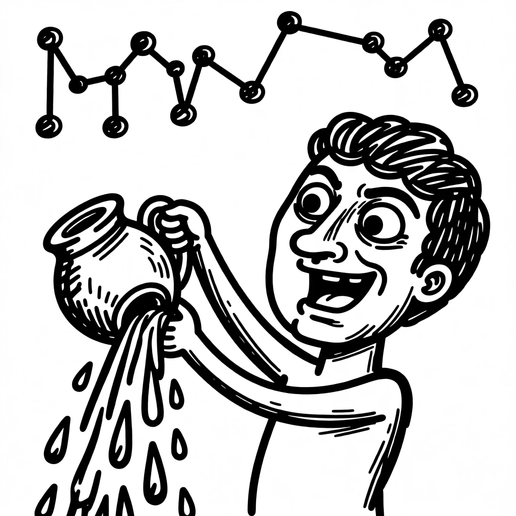 An Aquarius archetype: a figure pouring shimmering water from an urn beneath a sky of constellations.