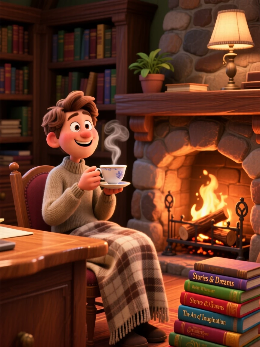 A writer sipping tea at a wooden desk sits beside a crackling stone fireplace, tucking a wool blanket over their knees. A feeling of safety and slow relaxation lingers here, with a stack of books piled beside them.