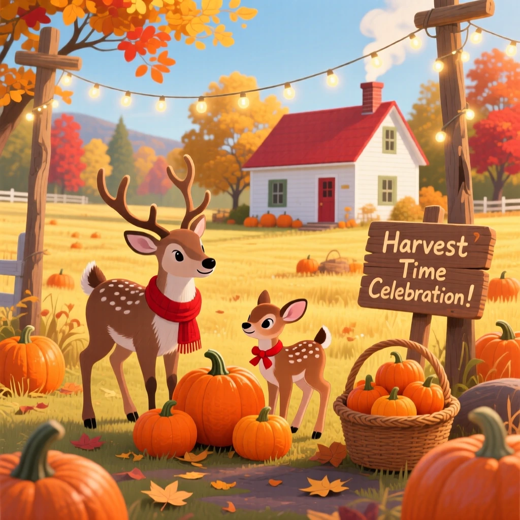 In a family farmhouse, a reindeer and its fawn celebrate together by harvesting pumpkins in a golden autumn field, with twinkling lights strung overhead.