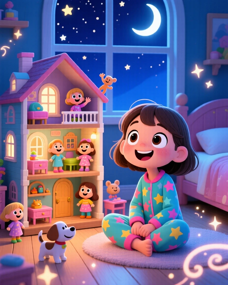 A girl imagining her dollhouse coming to life at midnight.