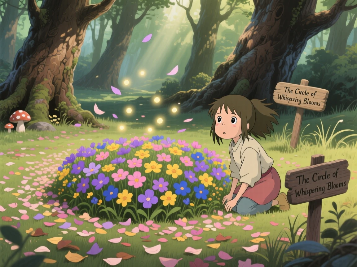 A secret clearing where wildflowers bloom in a perfect circle, a carpet of fallen petals covering the ground, creating a scene of quiet natural magic.