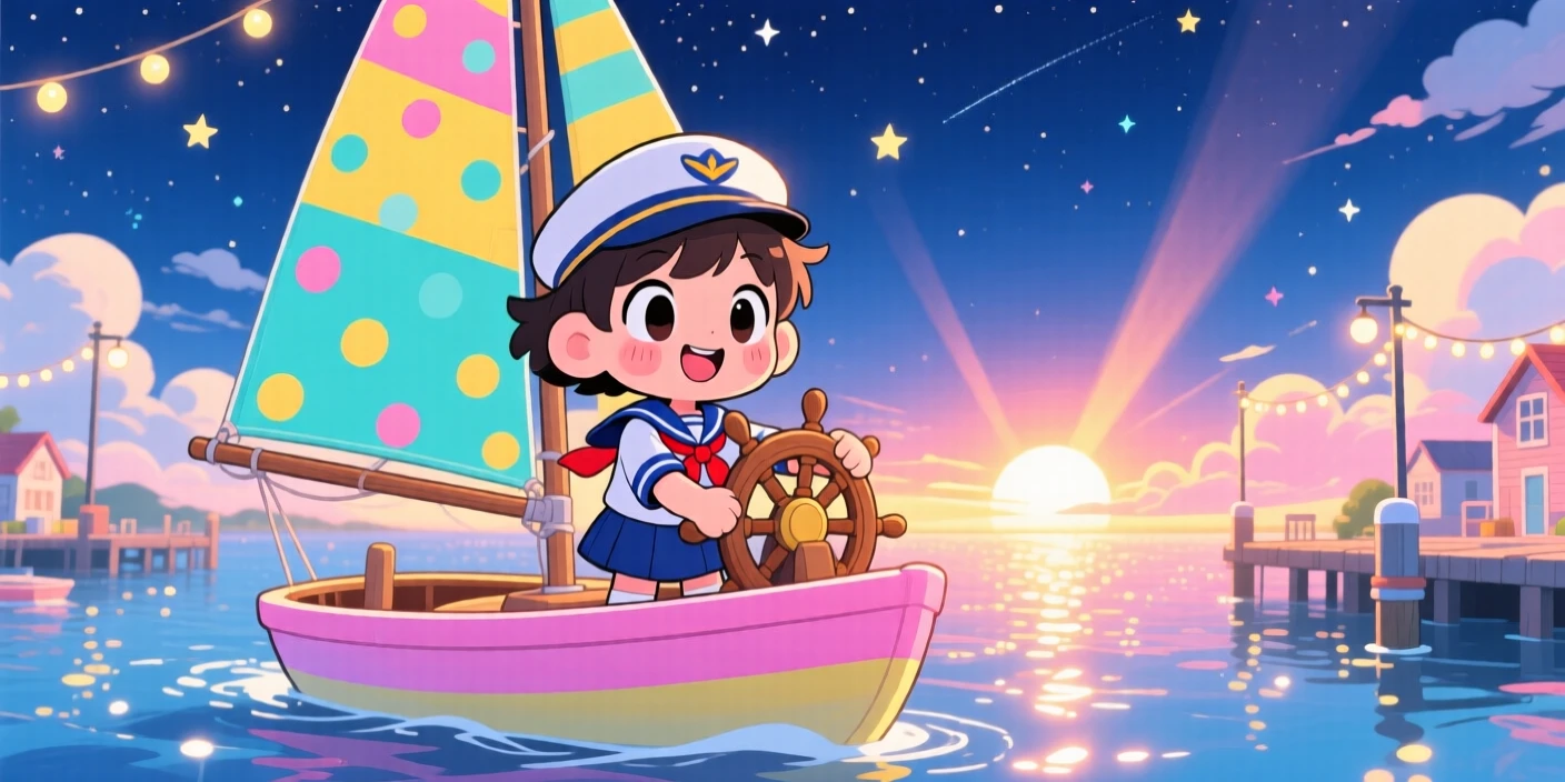 A small sailor steering a colorful sailboat, framed as a medium shot within a sparkling harbor, under a starry midsummer night sky, glowing under rays of sunrise breaking through clouds, evoking bubbly enthusiasm.