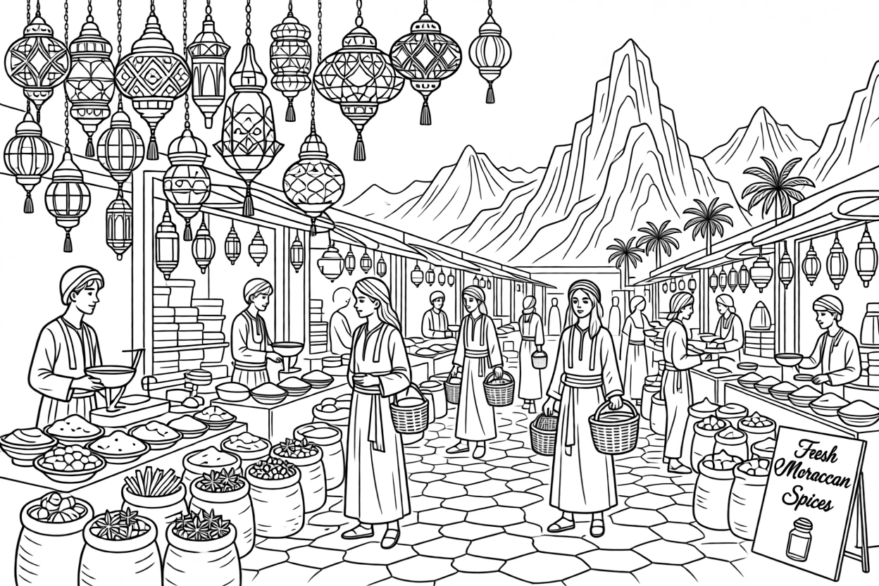 A market square in Marrakech filled with lanterns and spices, with mountains rising dramatically in the background.