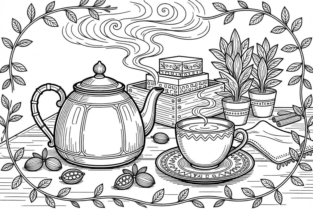 A cozy spiced tea scene with cardamom pods and a steaming kettle.