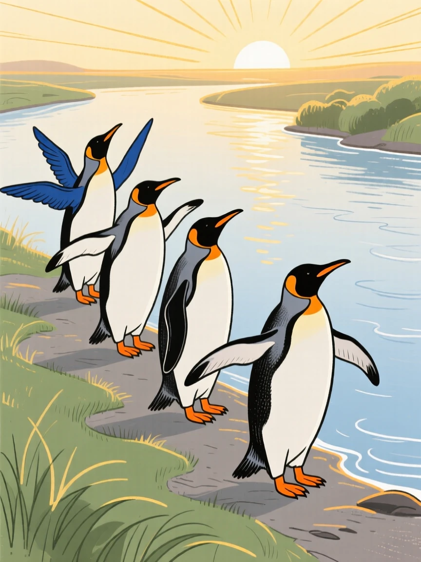 A group of penguins stretching in the morning light along a quiet riverbank during golden hour.