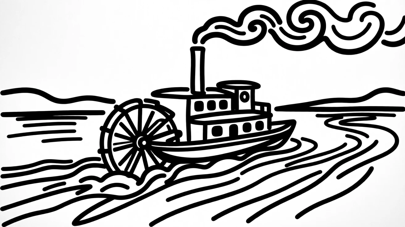 A steam-powered paddlewheel boat cruising down a wide river.
