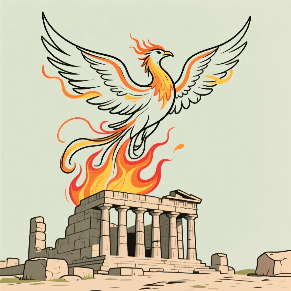 A phoenix rising in flames above an ancient temple ruin.