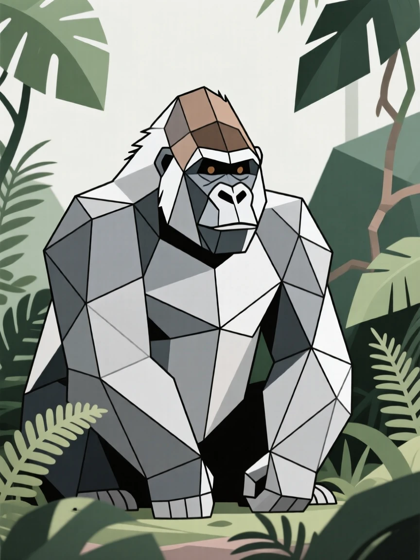 A silverback gorilla sitting among jungle foliage