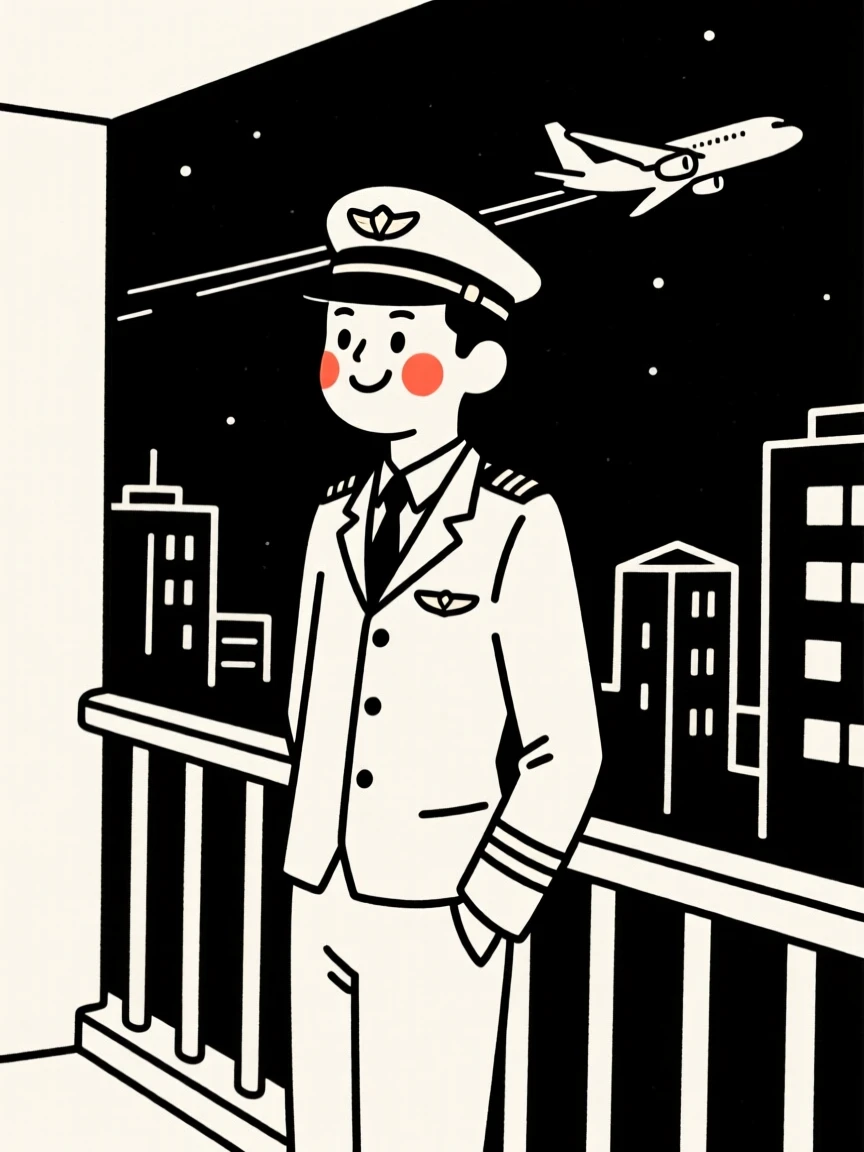 A pilot of chinese heritage before takeoff, grinning mischievously, on a city balcony at night.