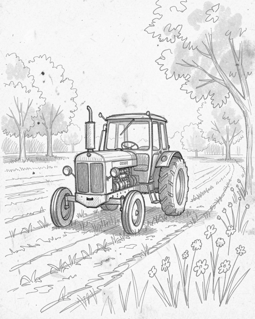 A restored vintage tractor in a farm field, under a canopy of autumn trees, with wildflowers lining the roadside.
