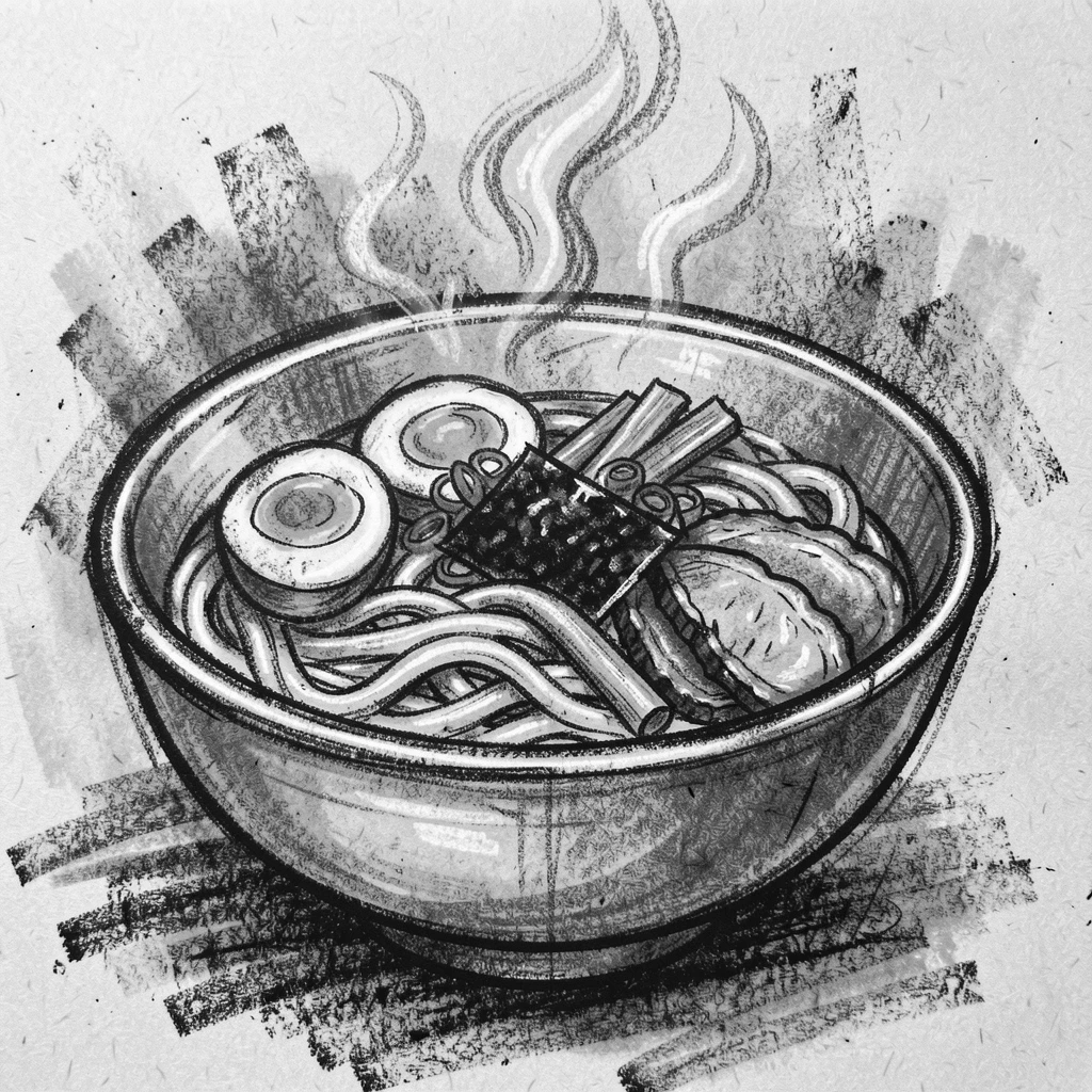 A steaming bowl of ramen with all its colorful toppings, in the warm glow of early morning light.