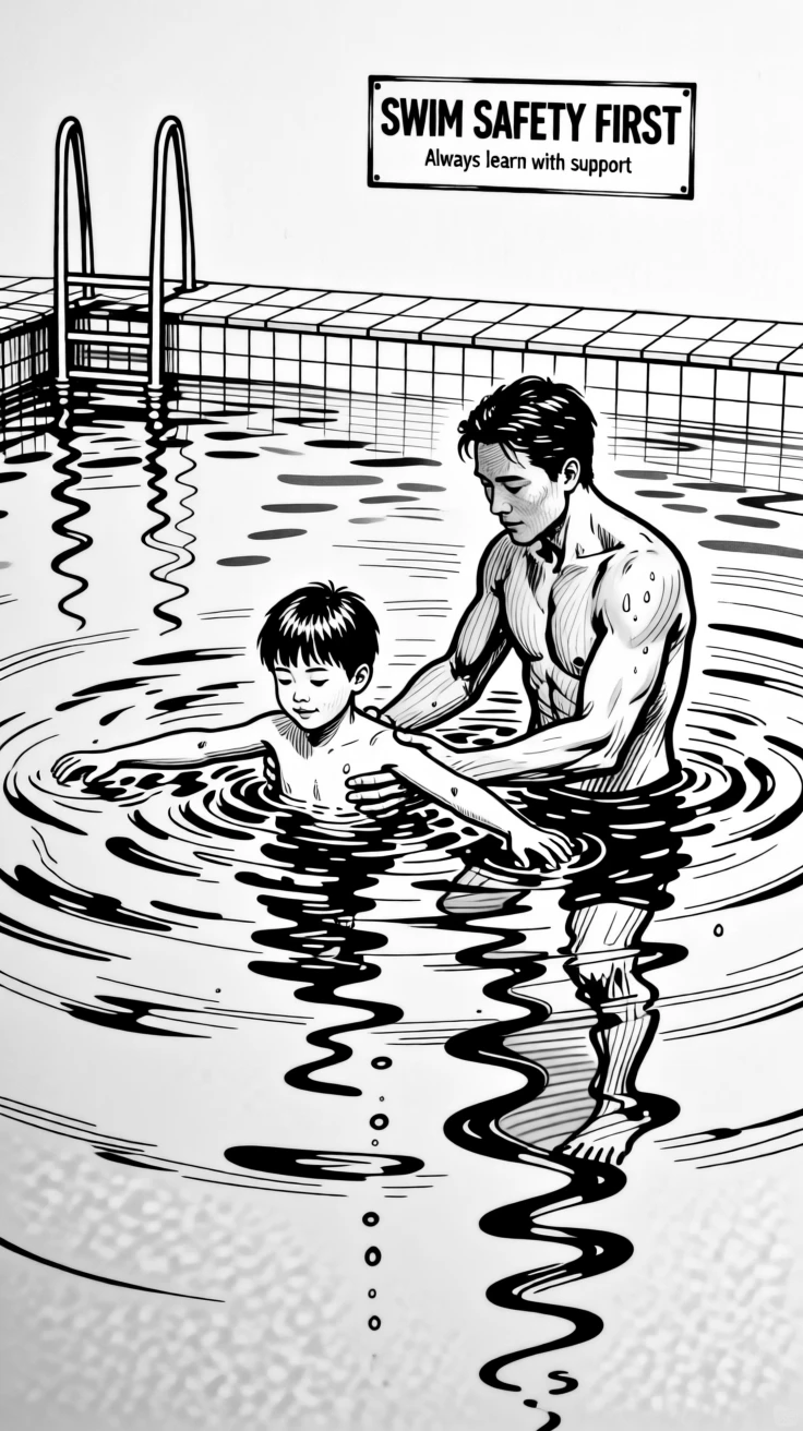 A child learning to swim with a parent's steady support in a pool.
