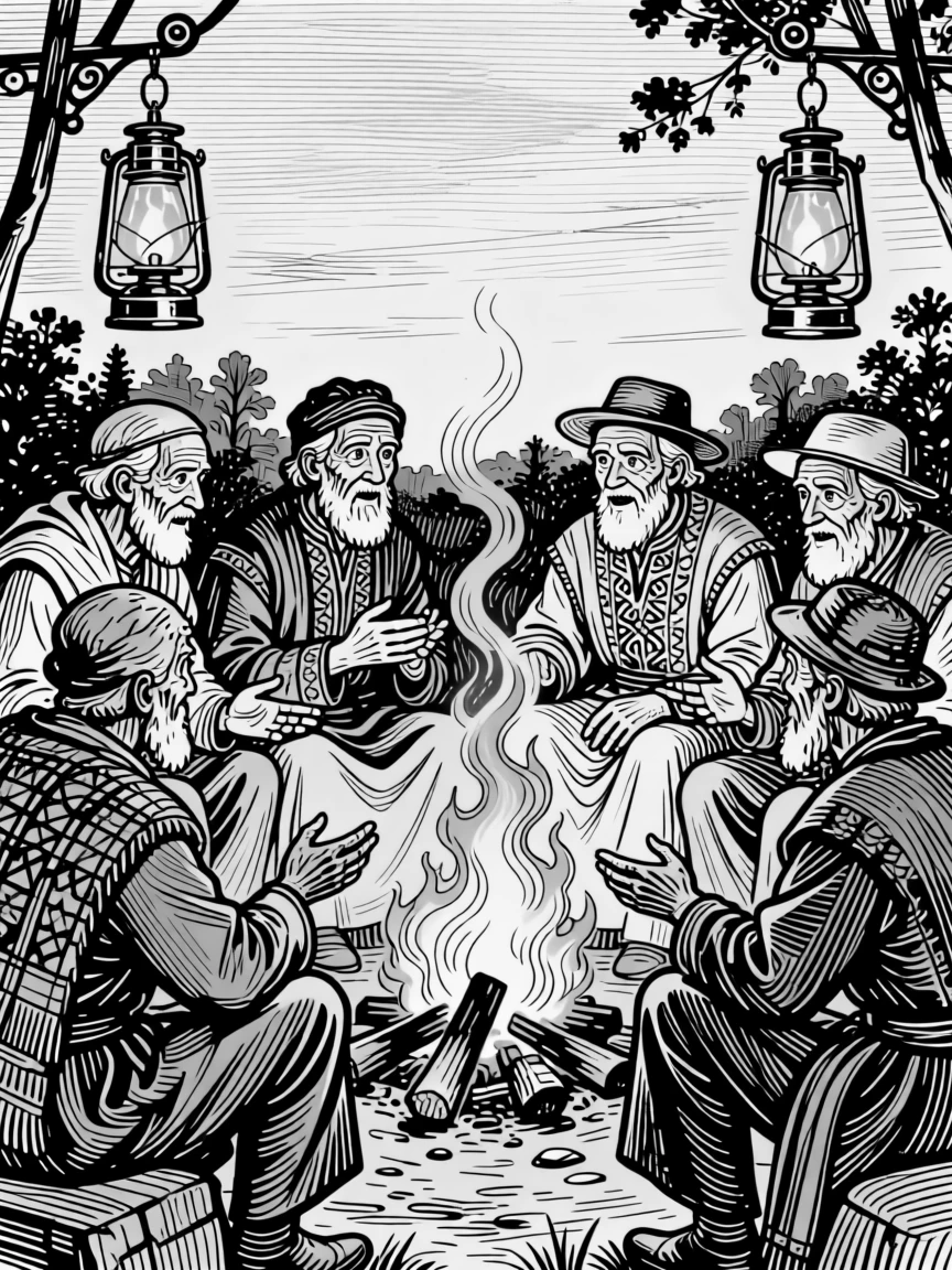 A group of elders sharing stories around a fire as lanterns begin to glow in the evening light, with a sense of ceremony in every gesture, portrayed in a warmly communal historical scene.