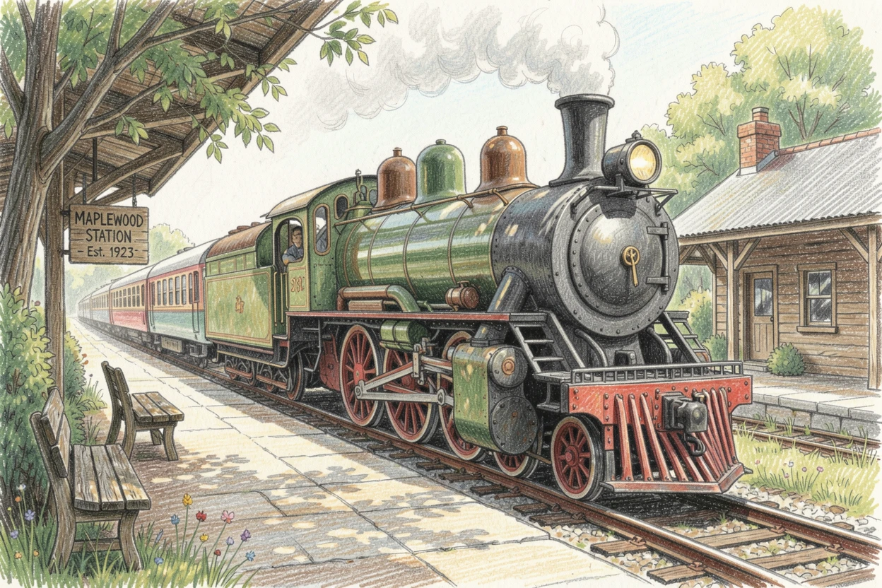 A quiet countryside train station with a vintage steam engine arriving, with a gentle play of light and shadow across the composition, capturing a quiet story that lingers with the viewer.