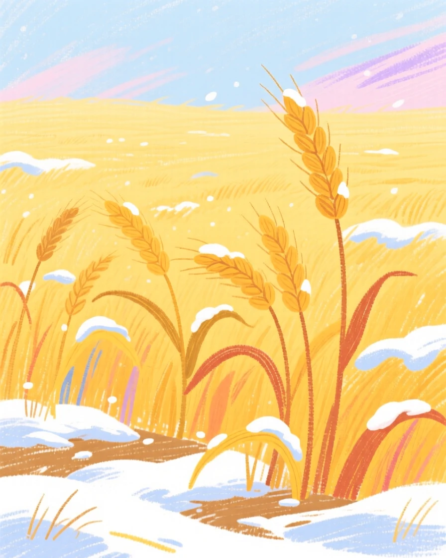 A view of a golden wheat field dusted lightly with the season's first snow.