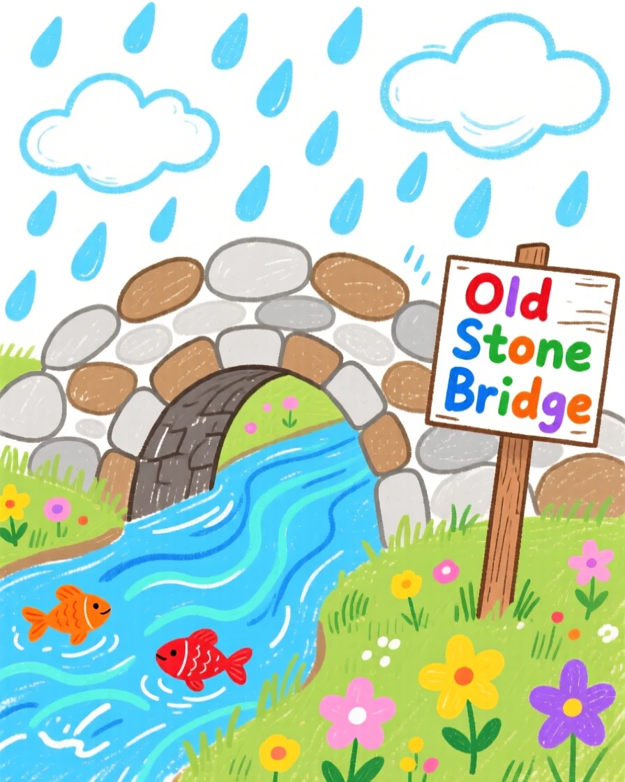 An old stone bridge over a gentle stream during a gentle spring rain shower.