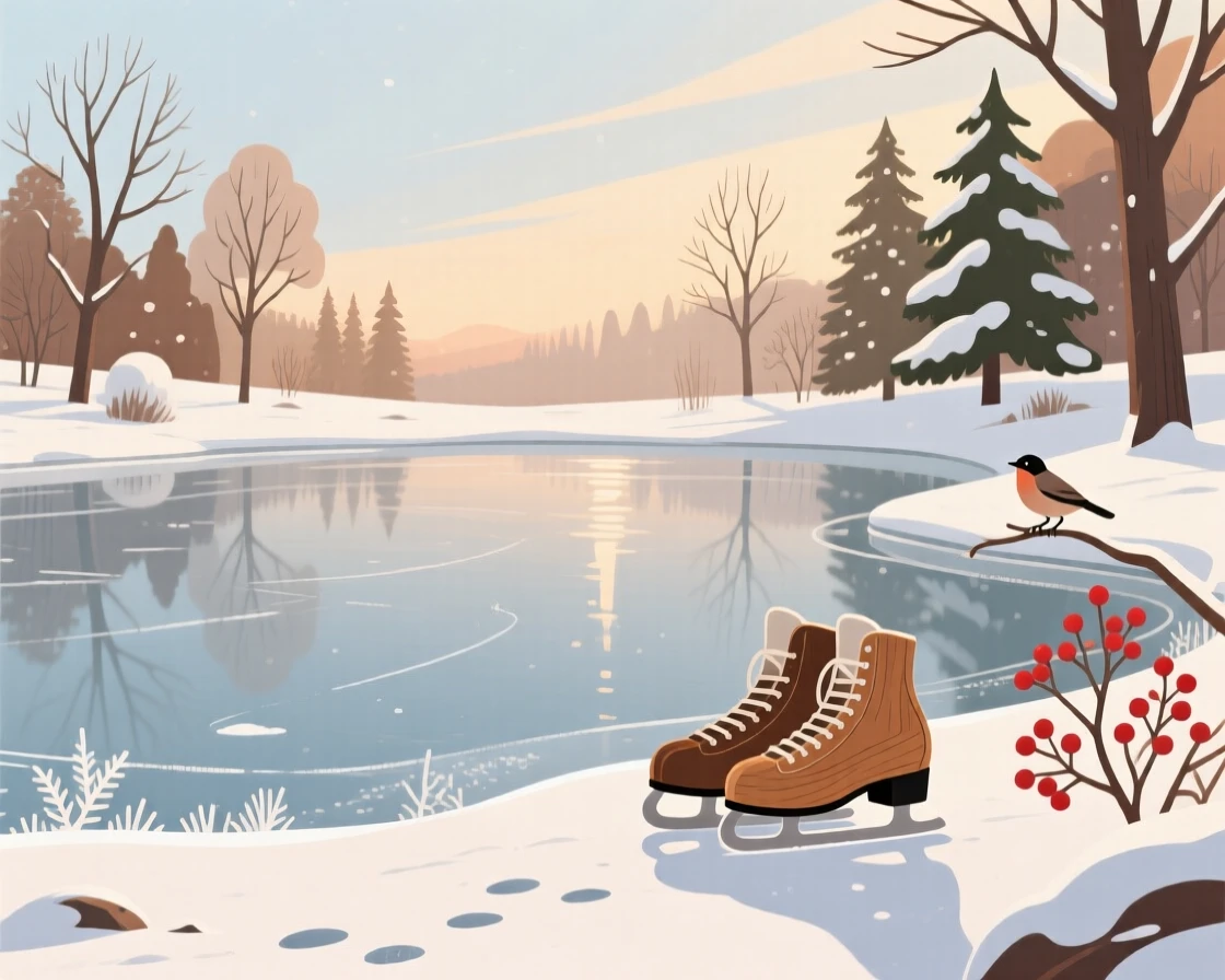 An icy pond ready for a winter afternoon of skating, surrounded by warm or cool seasonal tones, composed with a calm, seasonal simplicity, with charming small details that evoke the season perfectly.