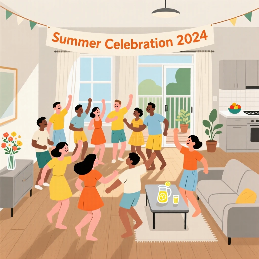 A summer celebration with dancing crowds filling a family home.