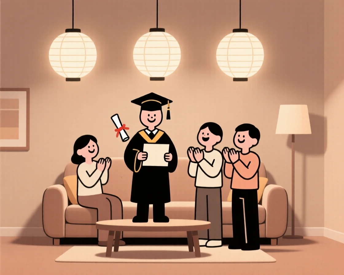 A joyful graduation ceremony taking place in a cozy living room, decorated with paper lanterns, full of warm togetherness.
