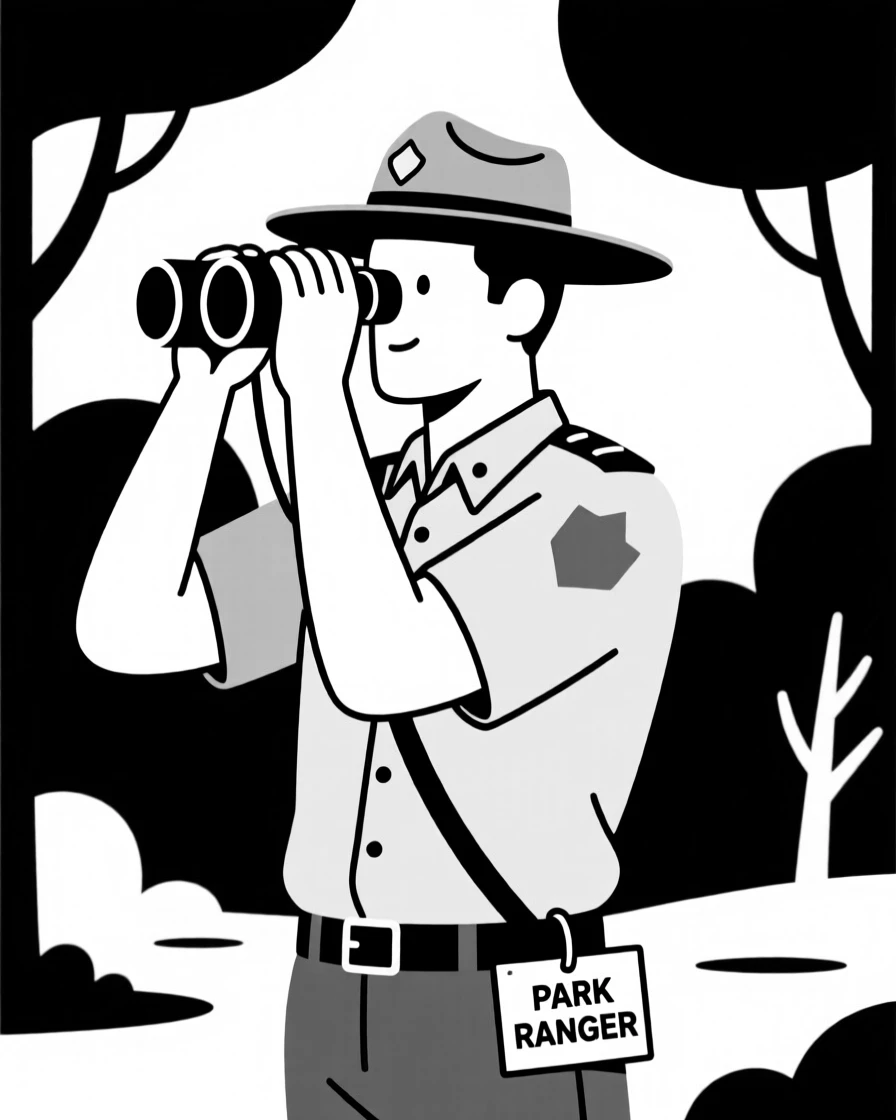 A park ranger observing wildlife through binoculars.