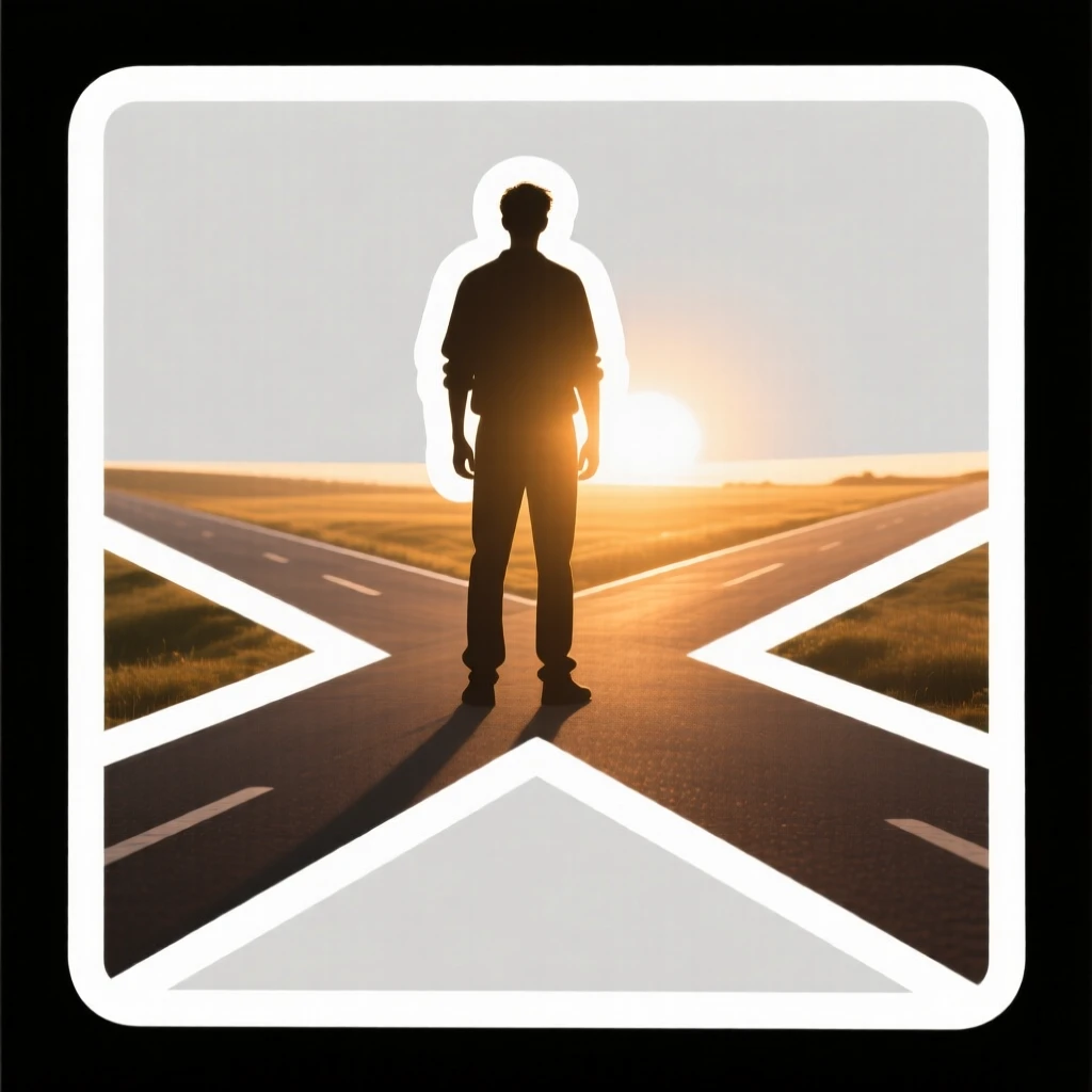 A calmly strong scene of a person standing at a crossroads bathed in warm light, radiating a quiet sense of possibility, representing a new beginning.