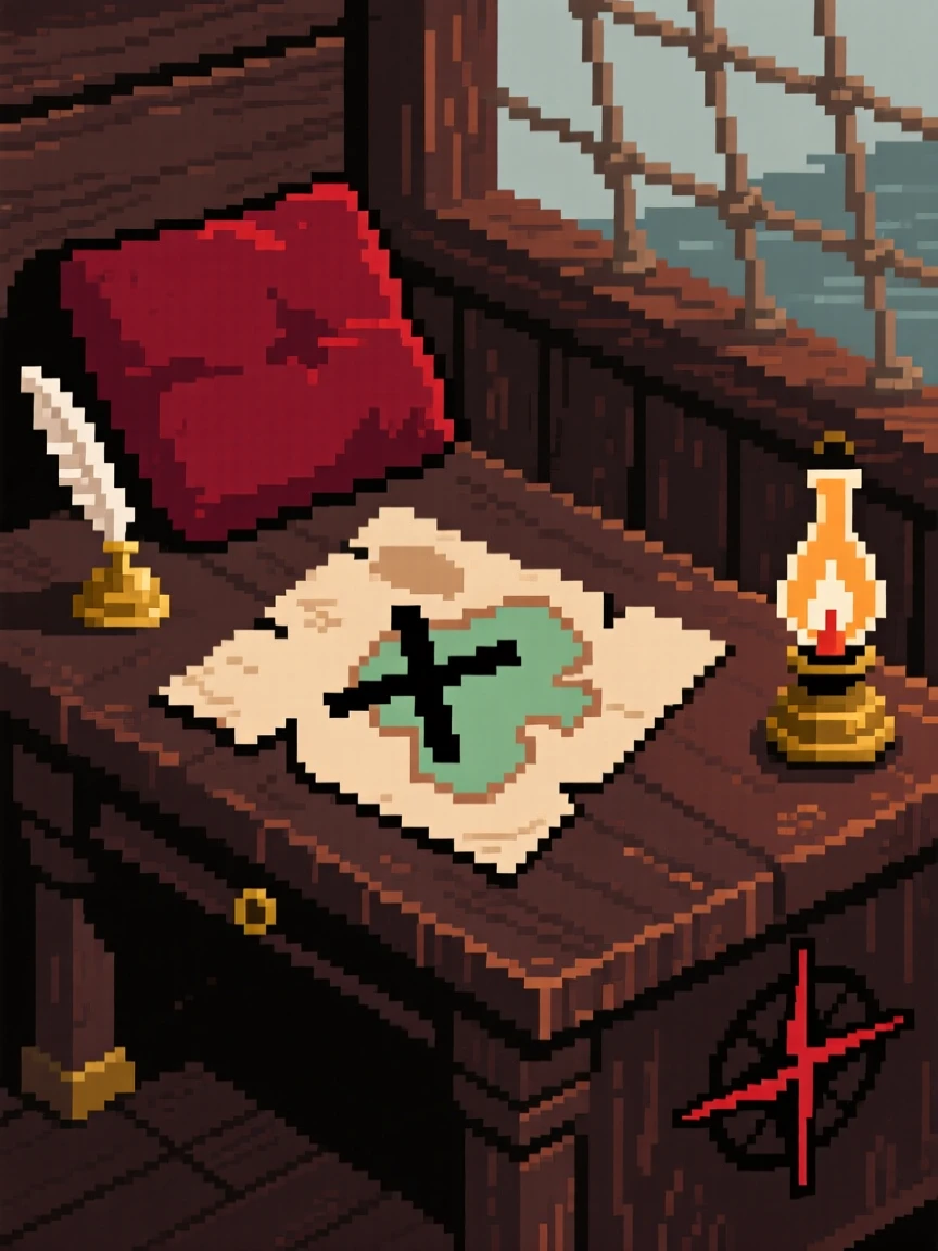 A map leading to a hidden island displayed on a velvet cushion, on a captain's desk aboard an old ship.
