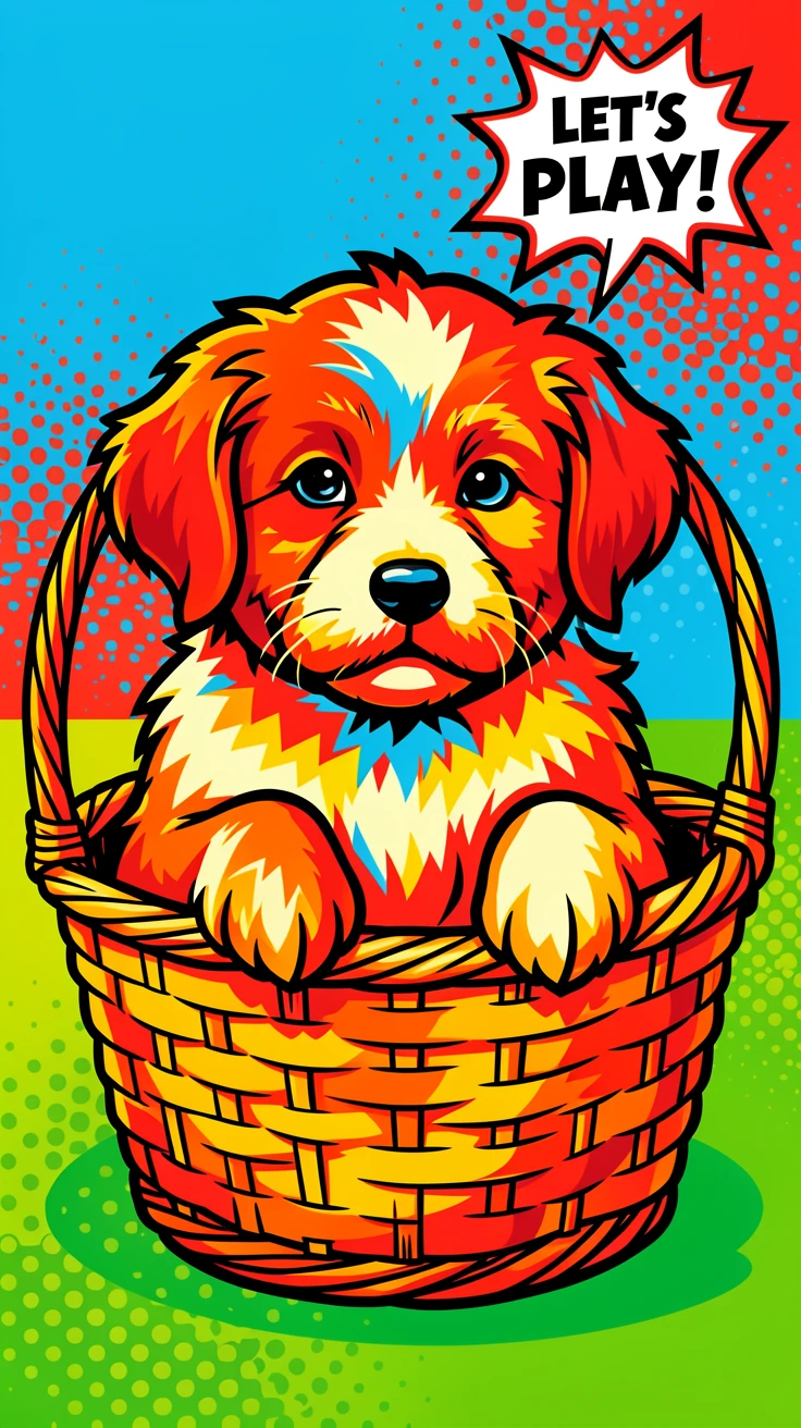 A fluffy puppy peeking out of a picnic basket